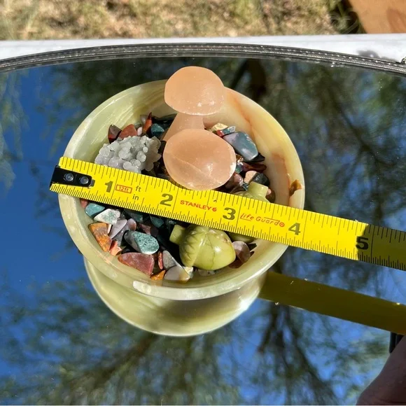 Banded Green Onyx Bowl, Selenite Mushrooms, Grape Agate, Ocean Jasper Chips - Picture 15 of 16